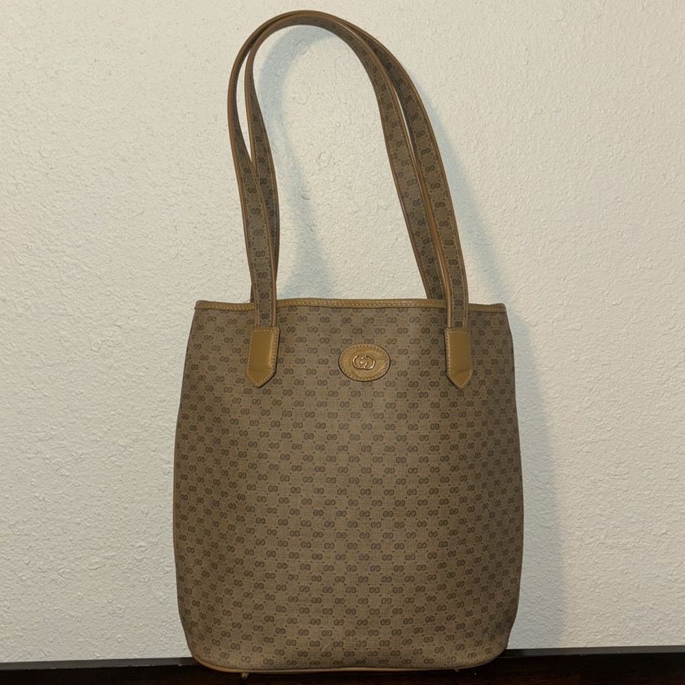 GUCCI Vintage Brown Micro GG PVC Leather Shoulder Tote Bag